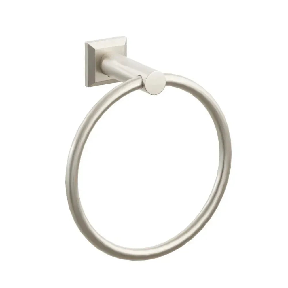 The Emtek Modern Tubular Brass Towel Ring with Chamfered Square Rosette in Satin Nickel finish.