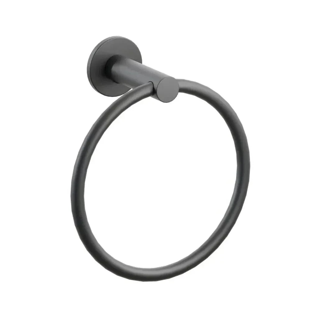 The Emtek Modern Tubular Brass Towel Ring with Small Disc Rosette in Flat Black finish.