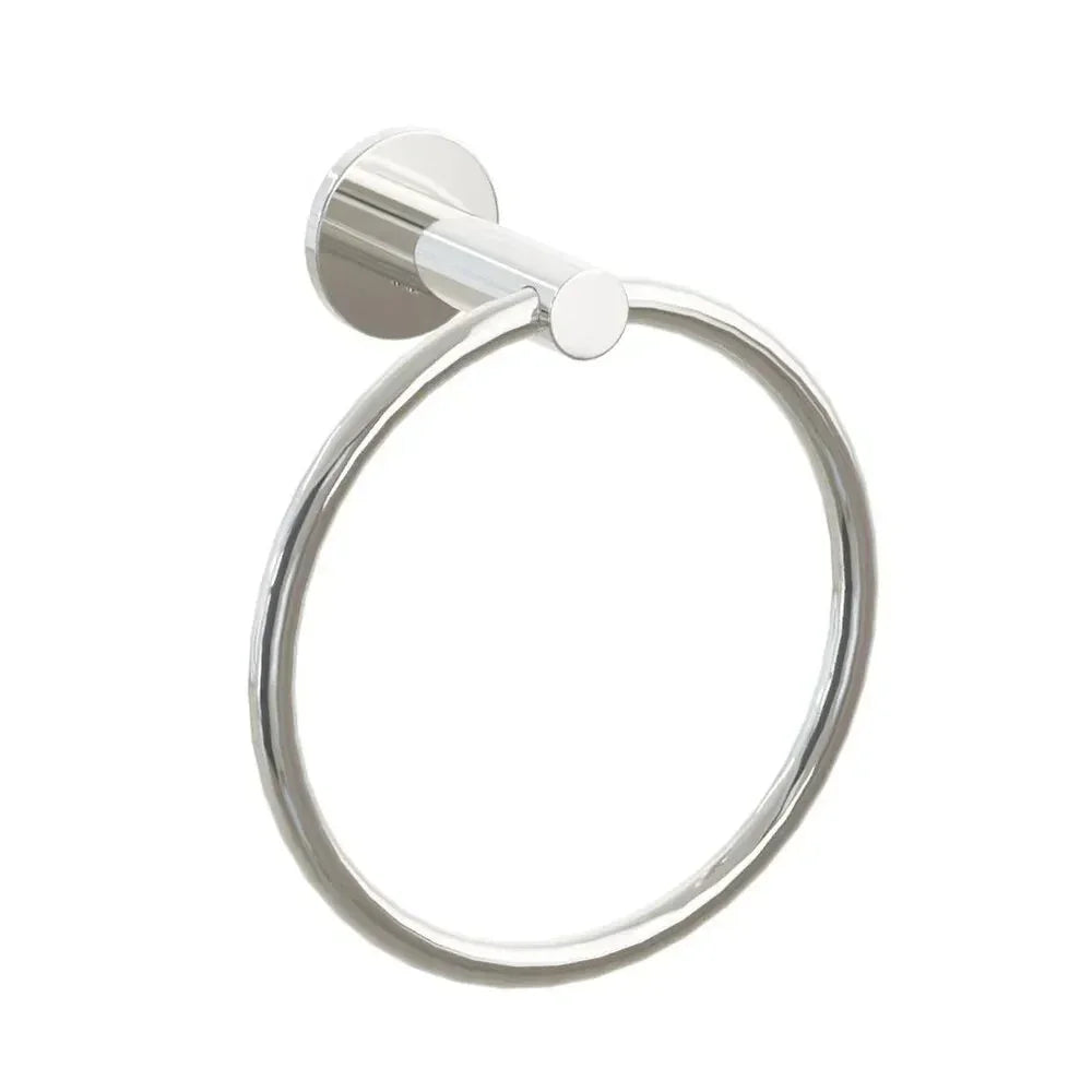 The Emtek Modern Tubular Brass Towel Ring with Small Disc Rosette in Lifetime Polished Nickel finish.