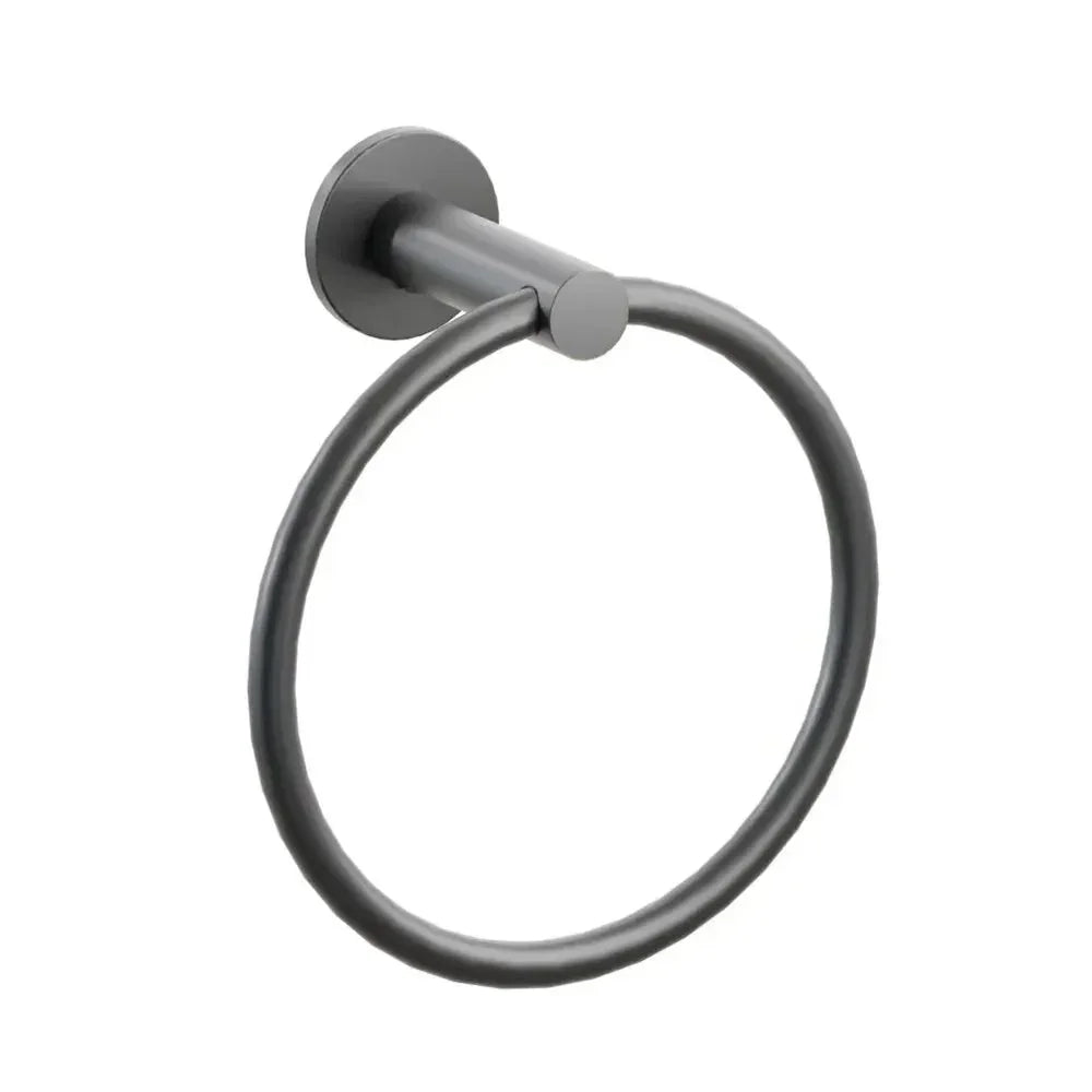 The Emtek Modern Tubular Brass Towel Ring with Small Disc Rosette in Oil Rubbed Bronze finish.