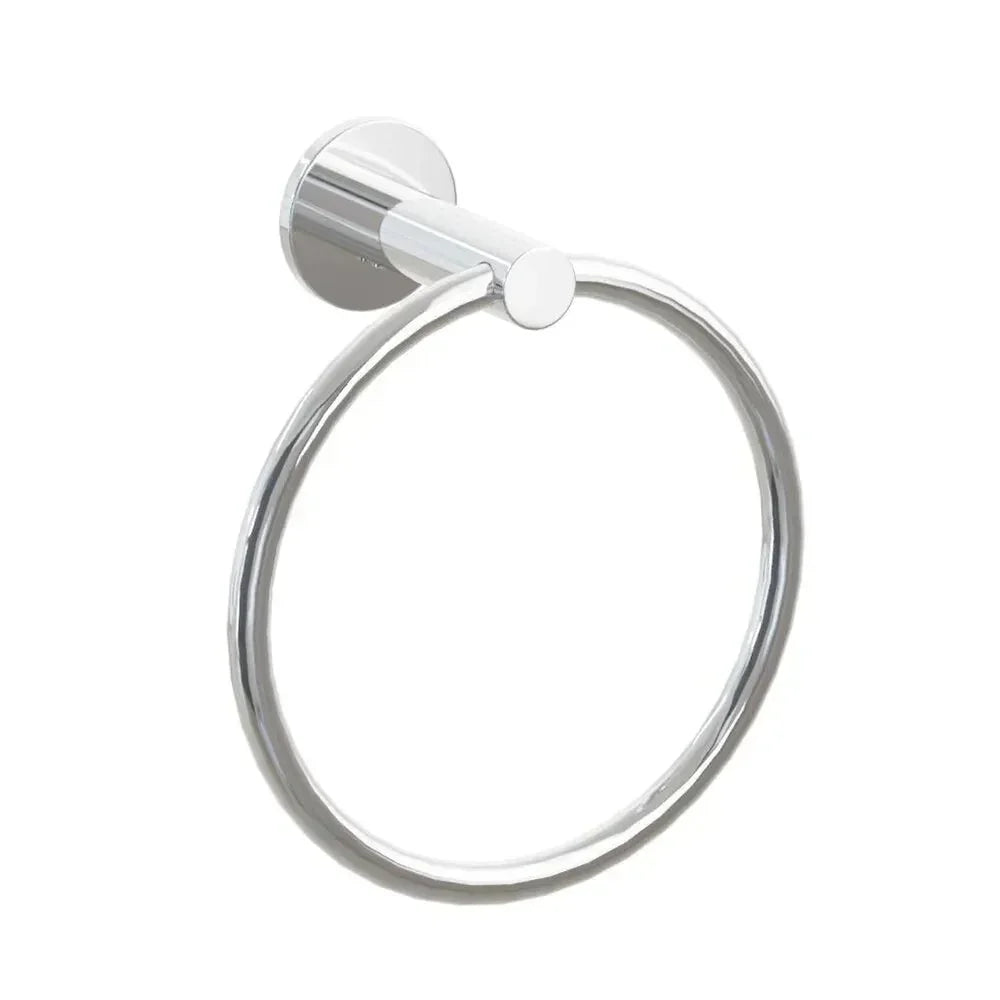 The Emtek Modern Tubular Brass Towel Ring with Small Disc Rosette in Polished Chrome finish.