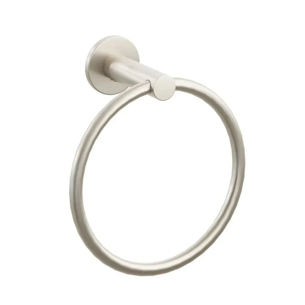 The Emtek Modern Tubular Brass Towel Ring with Small Disc Rosette in Satin Nickel finish.