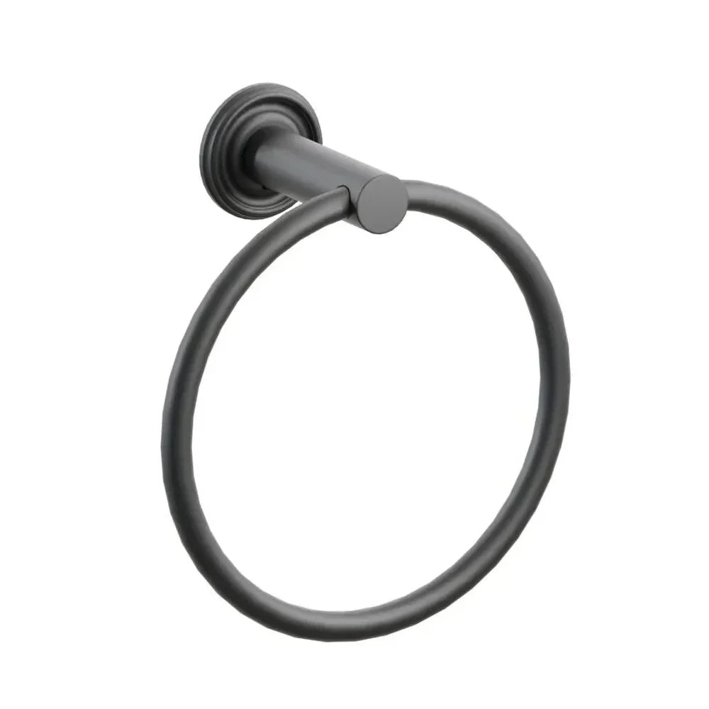 The Emtek Modern Tubular Brass Towel Ring with Small Regular Rosette in Flat Black finish.