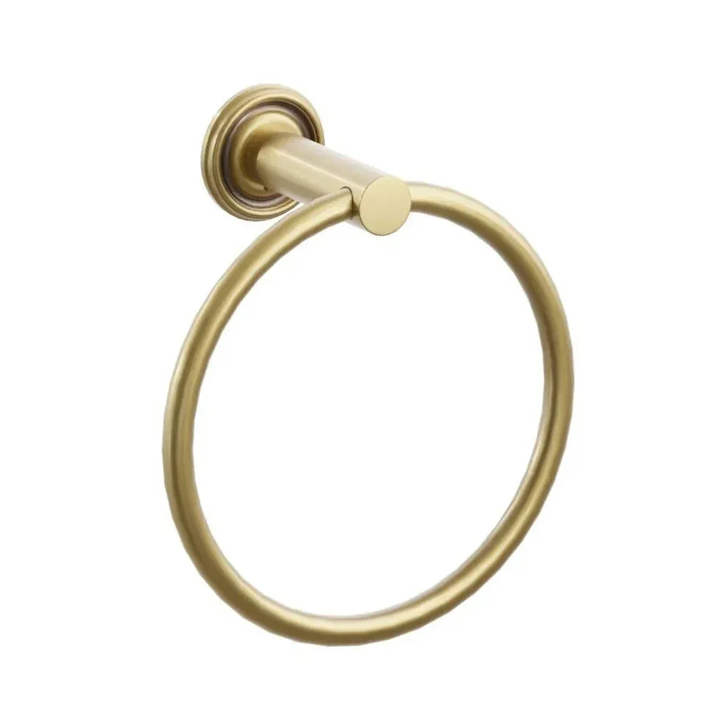 The Emtek Modern Tubular Brass Towel Ring with Small Regular Rosette in French Antique finish.