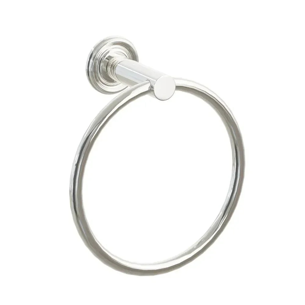 The Emtek Modern Tubular Brass Towel Ring with Small Regular Rosette in Lifetime Polished Nickel finish.