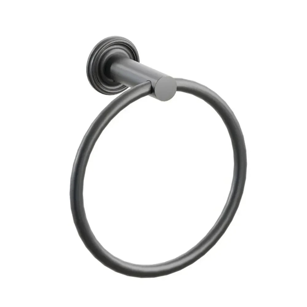 The Emtek Modern Tubular Brass Towel Ring with Small Regular Rosette in Oil Rubbed Bronze finish.