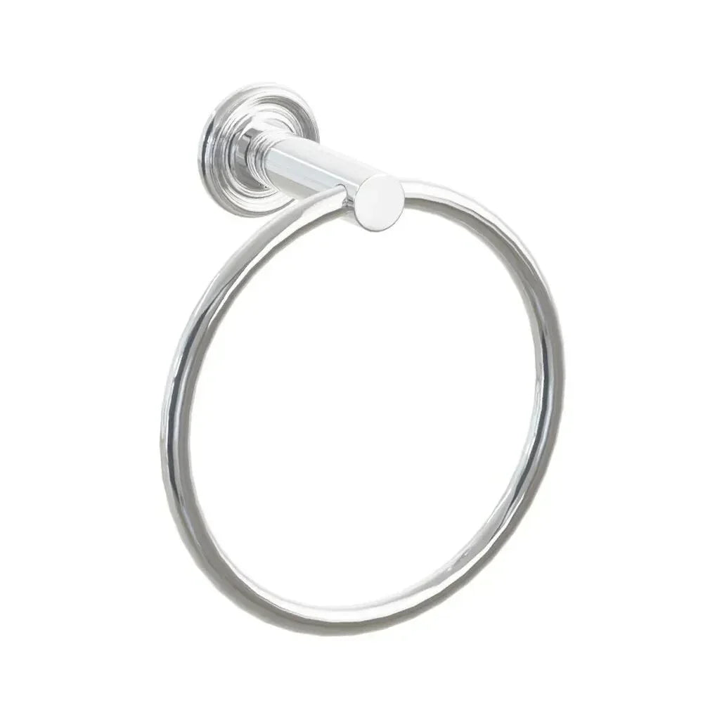 The Emtek Modern Tubular Brass Towel Ring with Small Regular Rosette in Polished Chrome finish.