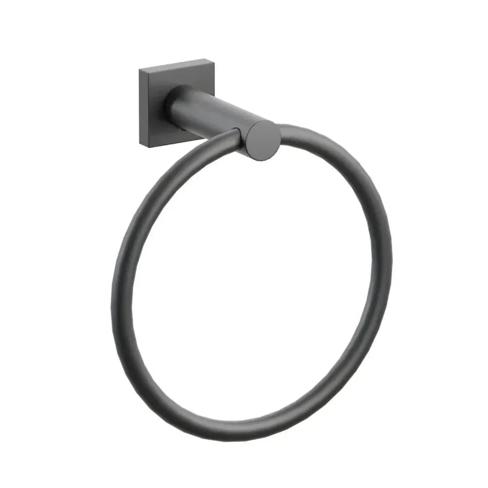 The Emtek Modern Tubular Brass Towel Ring with Small Square Rosette in Flat Black finish.