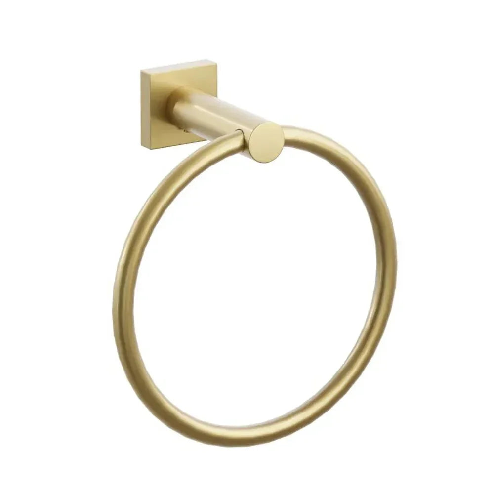 The Emtek Modern Tubular Brass Towel Ring with Small Square Rosette in French Antique finish.