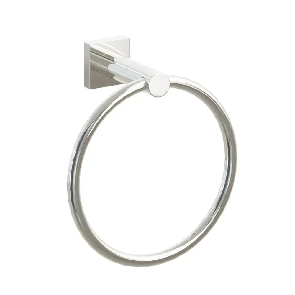 The Emtek Modern Tubular Brass Towel Ring with Small Square Rosette in Lifetime Polished Nickel finish.
