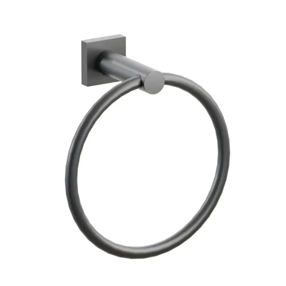The Emtek Modern Tubular Brass Towel Ring with Small Square Rosette in Oil Rubbed Bronze finish.