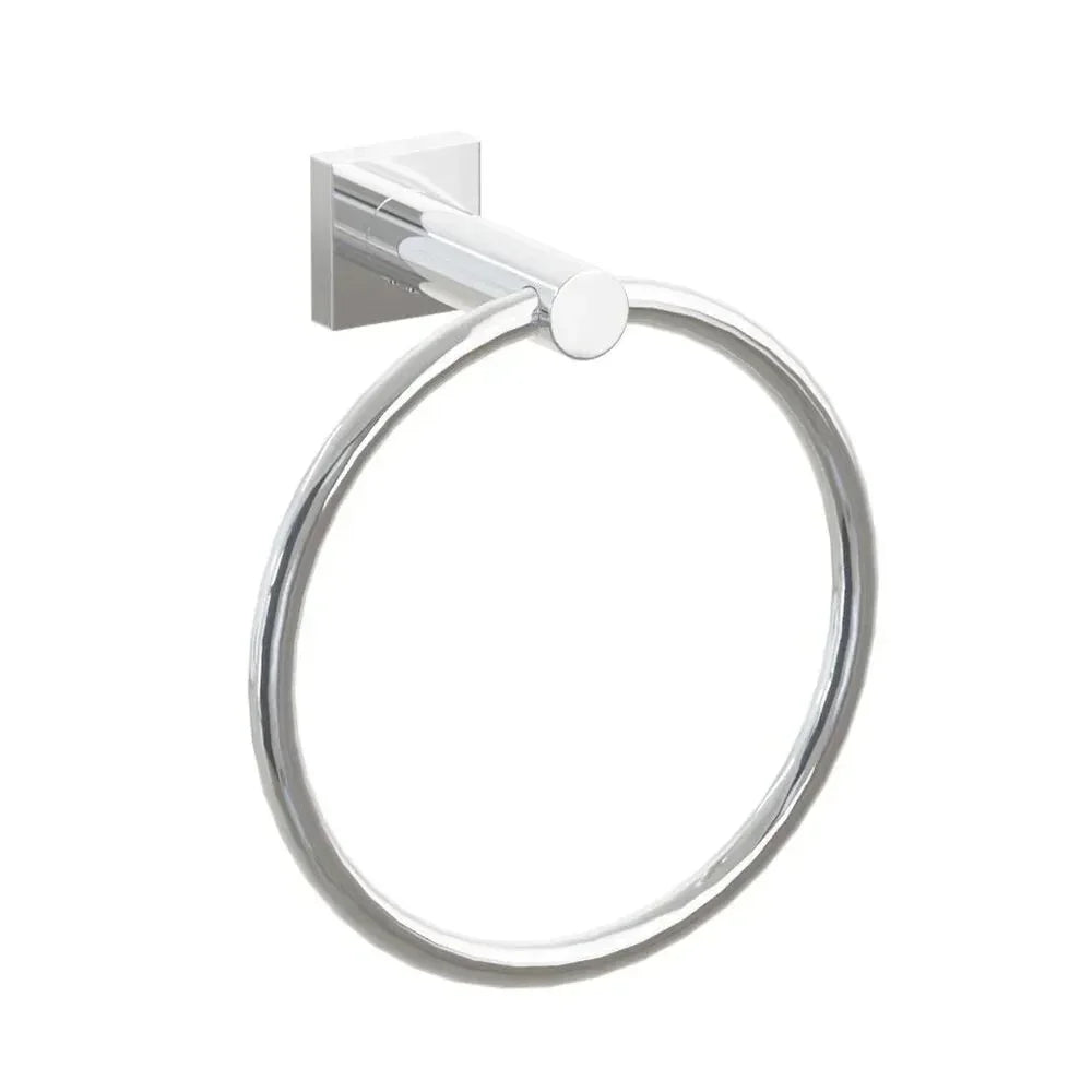 The Emtek Modern Tubular Brass Towel Ring with Small Square Rosette in Polished Chrome finish.