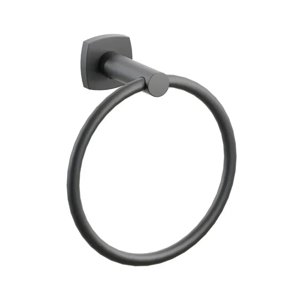 The Emtek Modern Tubular Brass Towel Ring with Soft Square Rosette in Flat Black finish.