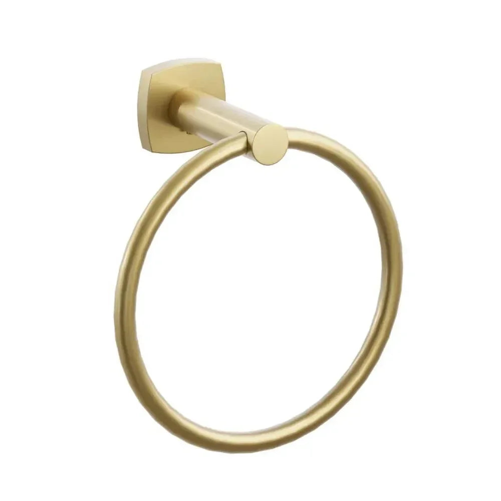 The Emtek Modern Tubular Brass Towel Ring with Soft Square Rosette in French Antique finish.