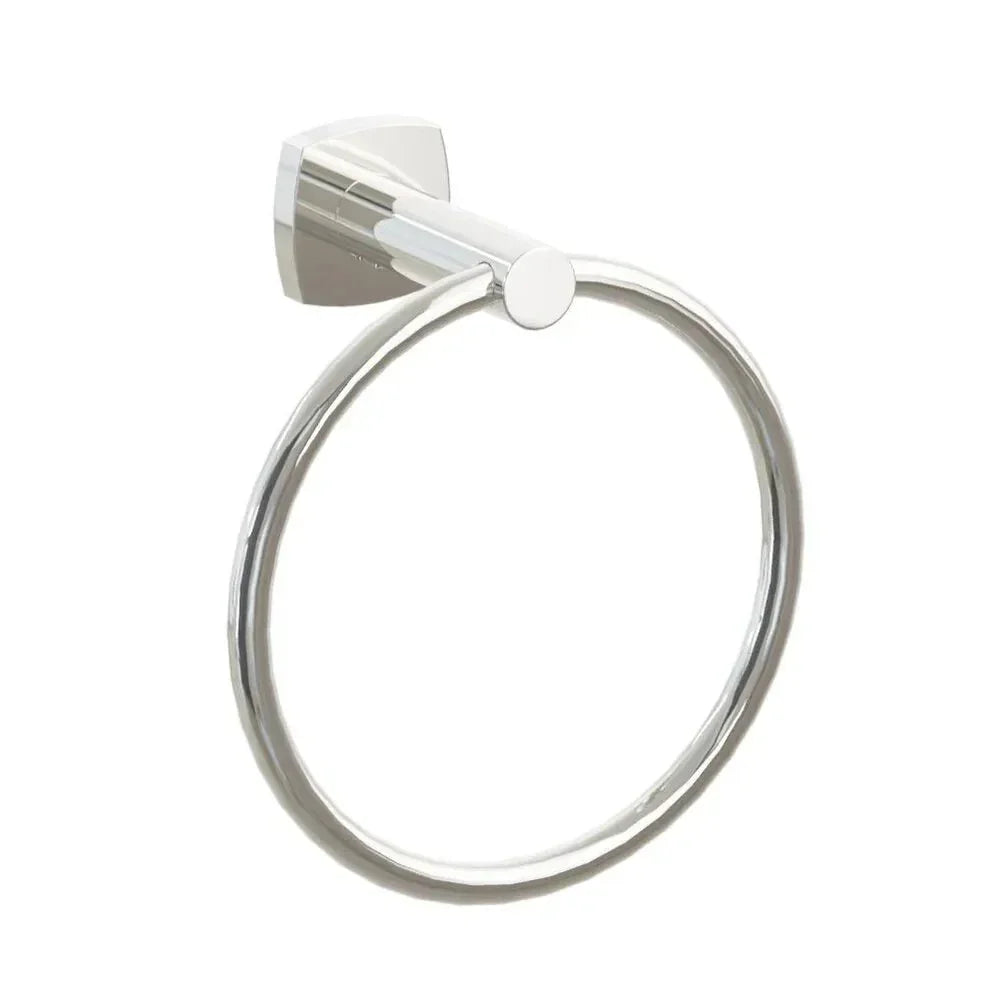 The Emtek Modern Tubular Brass Towel Ring with Soft Square Rosette in Lifetime Polished Nickel finish.
