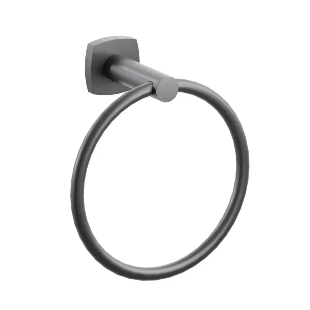 The Emtek Modern Tubular Brass Towel Ring with Soft Square Rosette in Oil Rubbed Bronze finish.