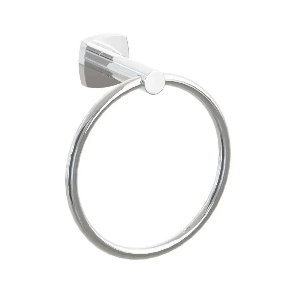 The Emtek Modern Tubular Brass Towel Ring with Soft Square Rosette in Polished Chrome finish.