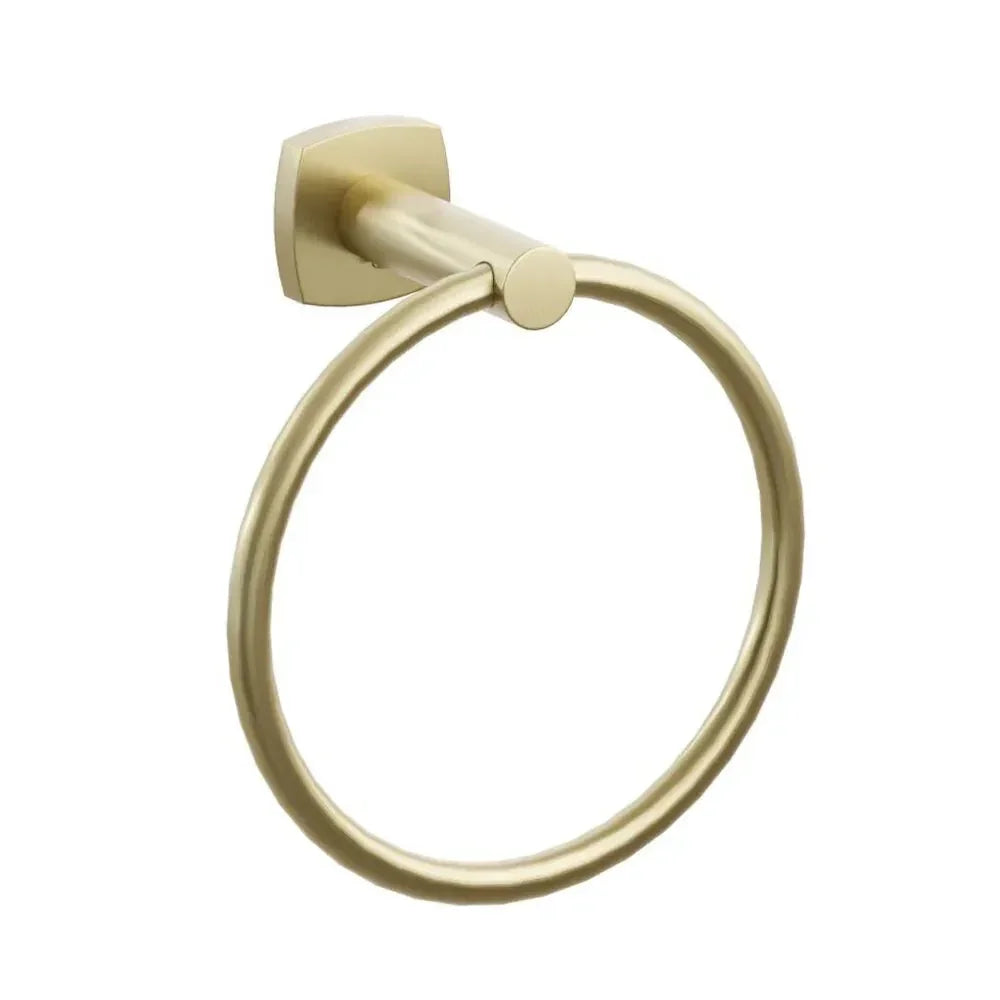 The Emtek Modern Tubular Brass Towel Ring with Soft Square Rosette in Satin Brass finish.