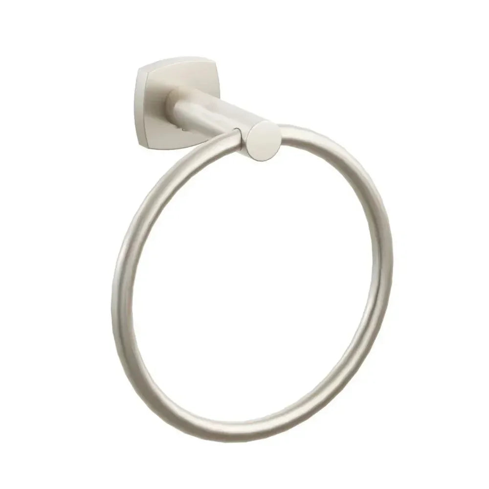 The Emtek Modern Tubular Brass Towel Ring with Soft Square Rosette in Satin Nickel finish.