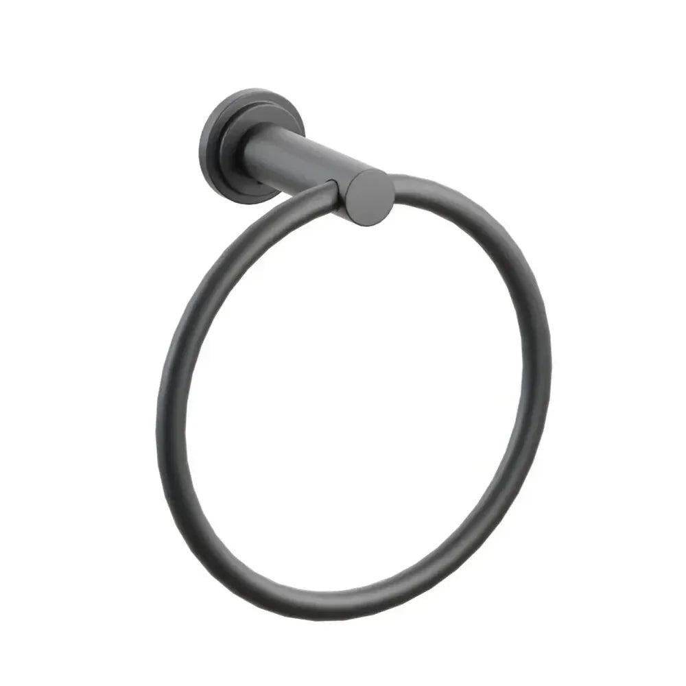 The Emtek Modern Tubular Brass Towel Ring with Step Disk Rosette in Flat Black finish.