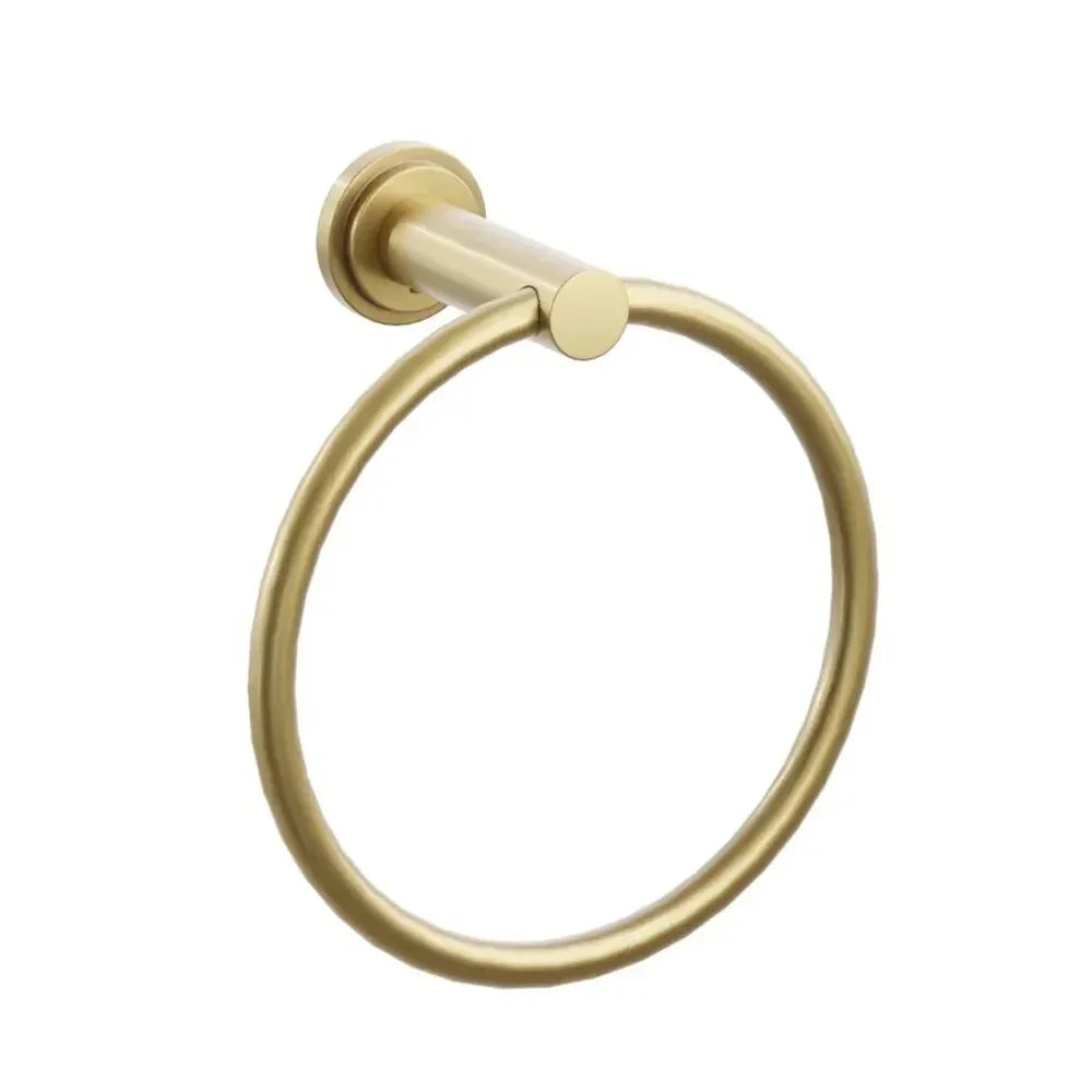 The Emtek Modern Tubular Brass Towel Ring with Step Disk Rosette in French Antique finish.