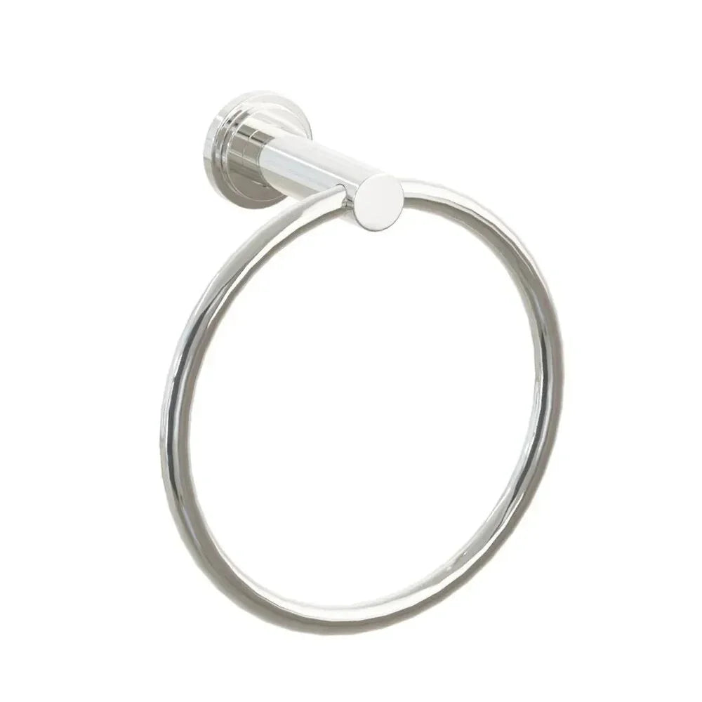 The Emtek Modern Tubular Brass Towel Ring with Step Disk Rosette in Lifetime Polished Nickel finish.