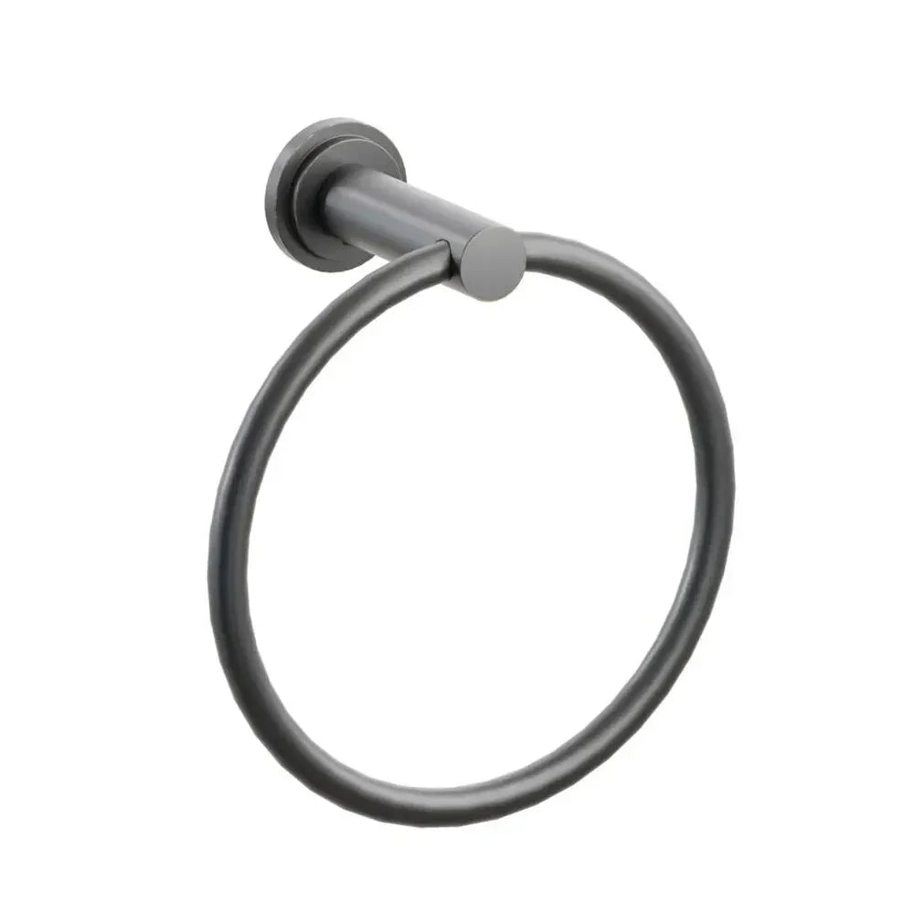 The Emtek Modern Tubular Brass Towel Ring with Step Disk Rosette in Oil Rubbed Bronze finish.