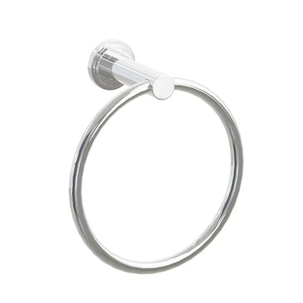 The Emtek Modern Tubular Brass Towel Ring with Step Disk Rosette in Polished Chrome finish.