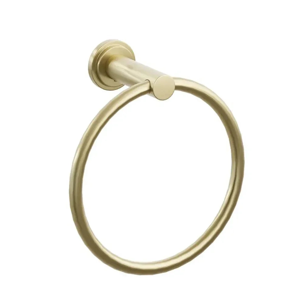 The Emtek Modern Tubular Brass Towel Ring with Step Disk Rosette in Satin Brass finish.