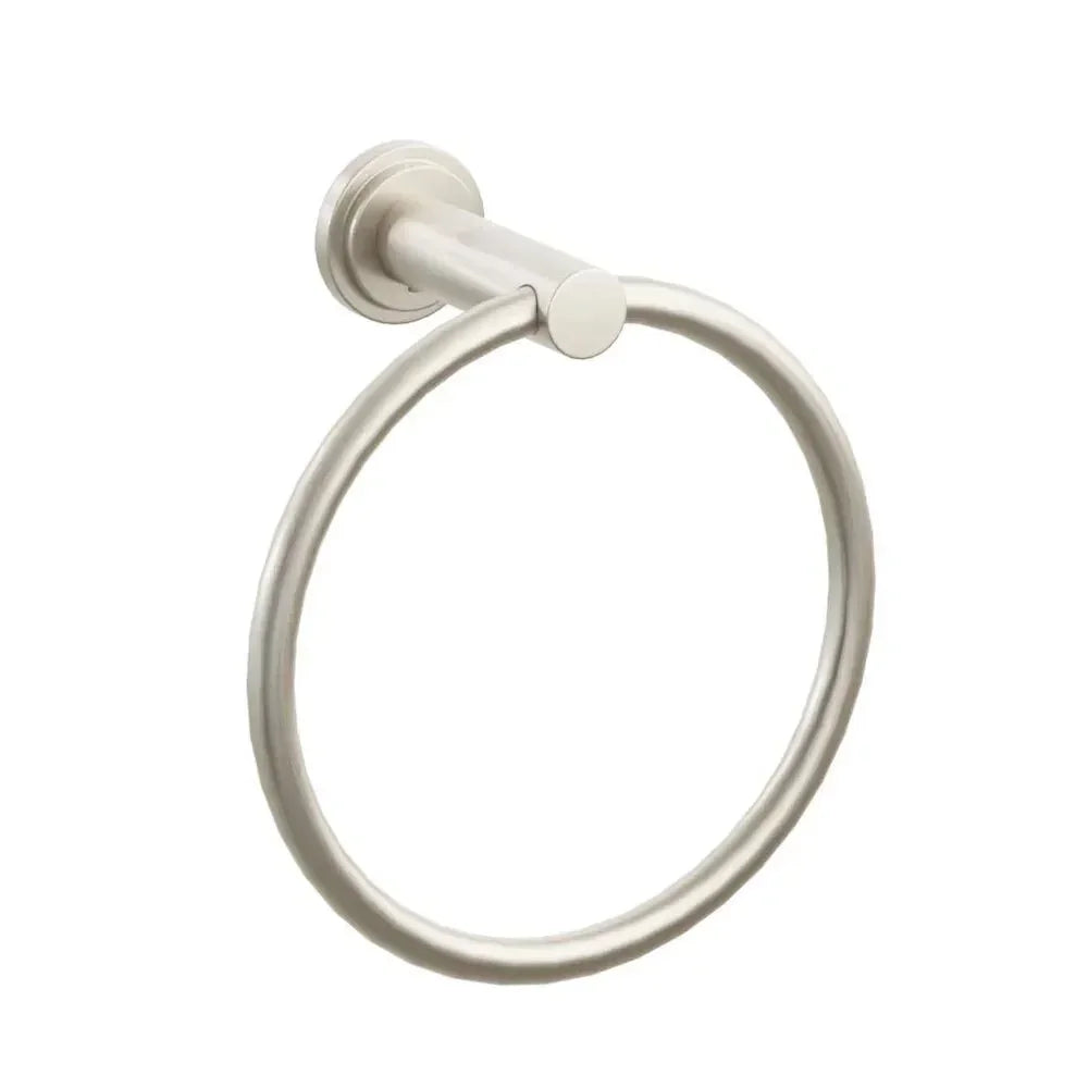 The Emtek Modern Tubular Brass Towel Ring with Step Disk Rosette in Satin Nickel finish.