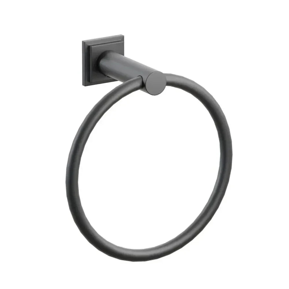 The Emtek Modern Tubular Brass Towel Ring with Step Square Rosette in Flat Black finish.
