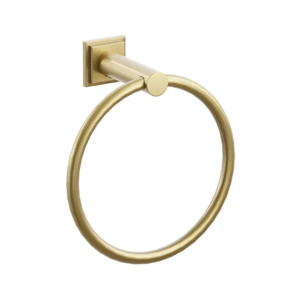 The Emtek Modern Tubular Brass Towel Ring with Step Square Rosette in French Antique finish.