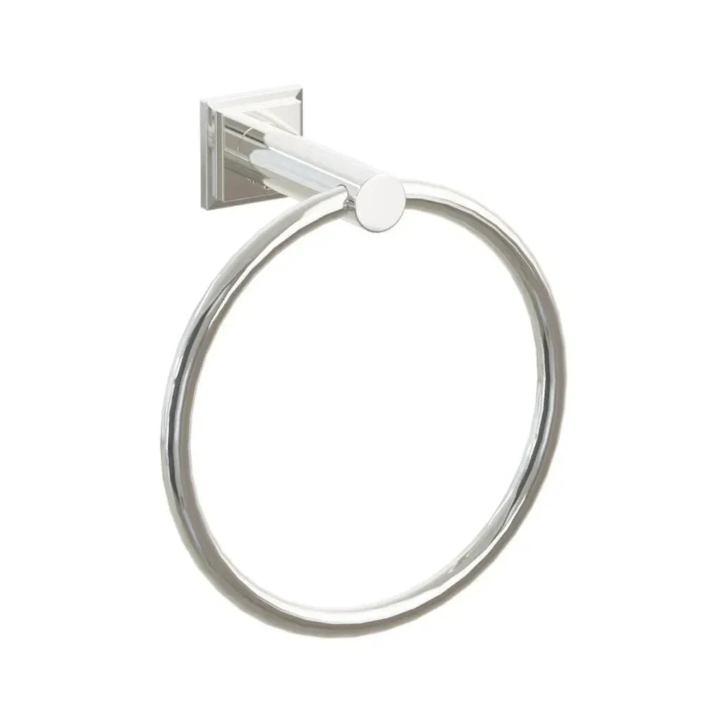 The Emtek Modern Tubular Brass Towel Ring with Step Square Rosette in Lifetime Polished Nickel finish.
