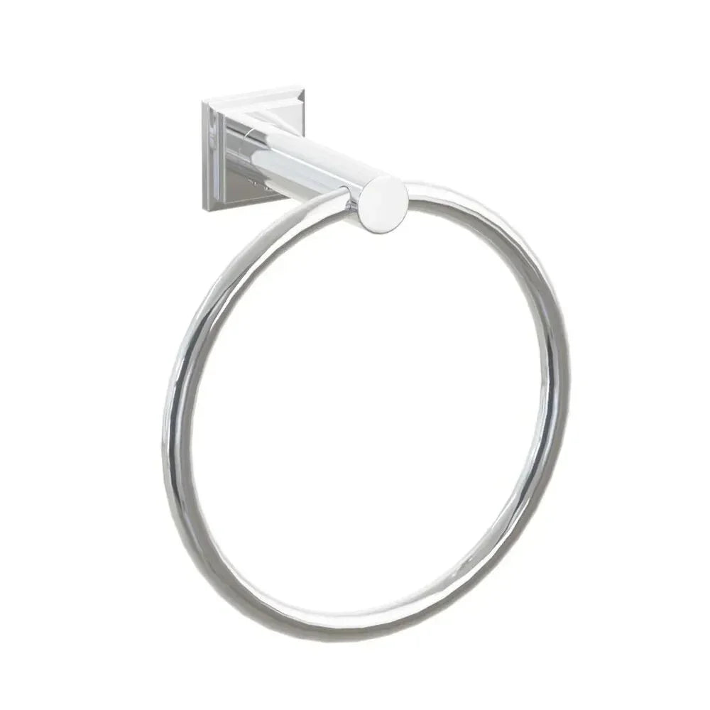 The Emtek Modern Tubular Brass Towel Ring with Step Square Rosette in Polished Chrome finish.