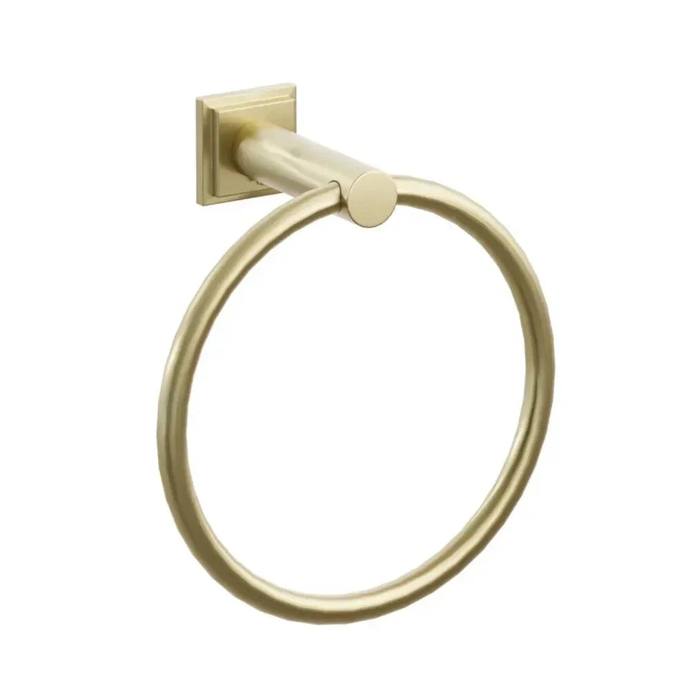 The Emtek Modern Tubular Brass Towel Ring with Step Square Rosette in Satin Brass finish.