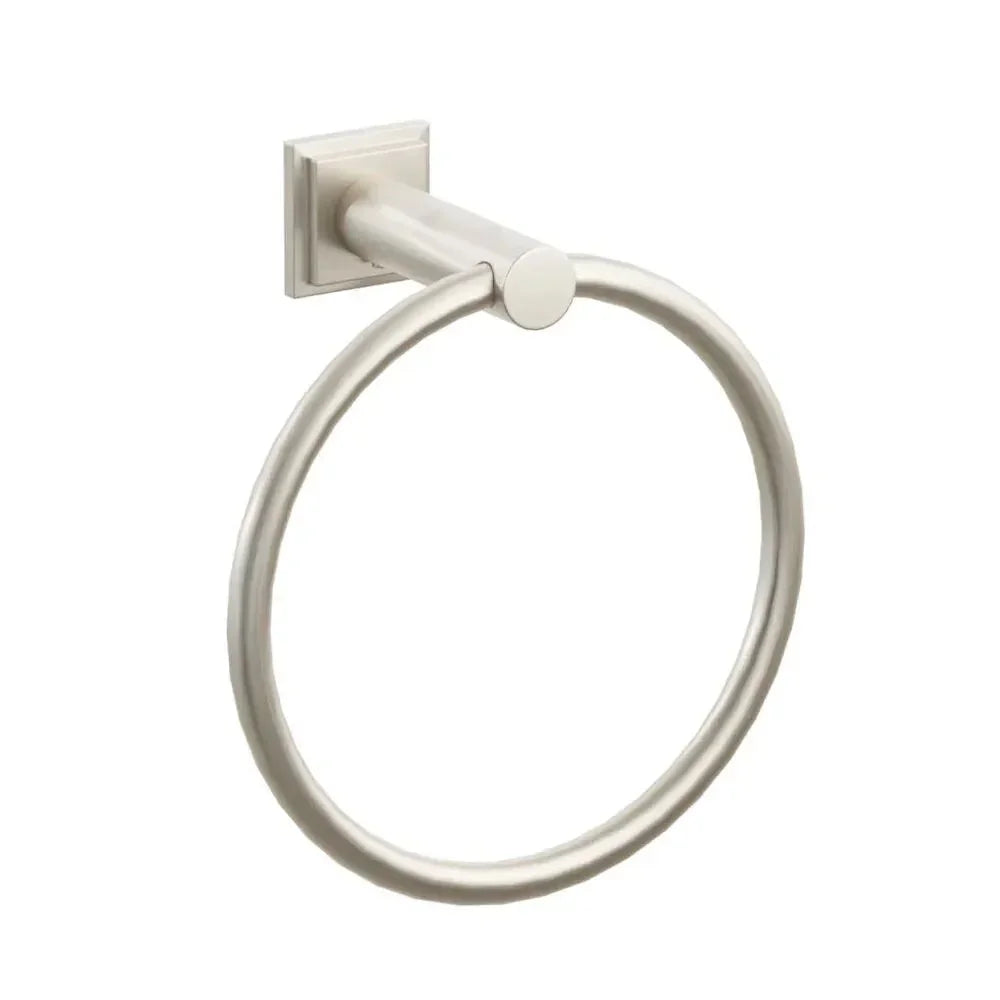 The Emtek Modern Tubular Brass Towel Ring with Step Square Rosette in Satin Nickel finish.