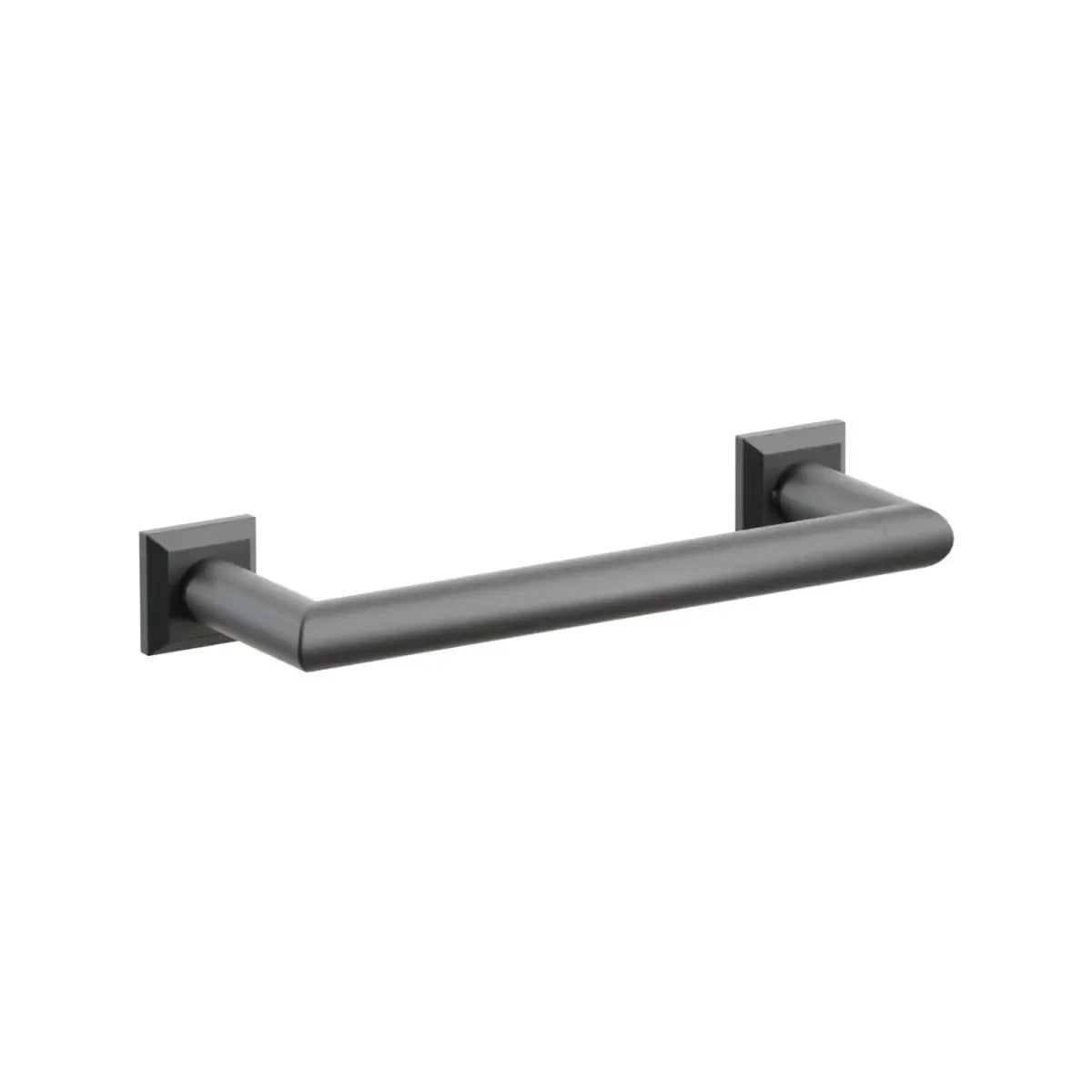 The Emtek Modern Tubular Towel Bar with Chamfered Square Rosette in Flat Black finish.