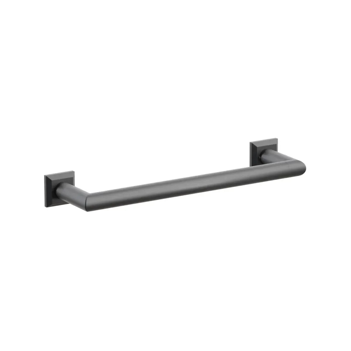 The Emtek Modern Tubular Towel Bar with Chamfered Square Rosette in Flat Black finish.