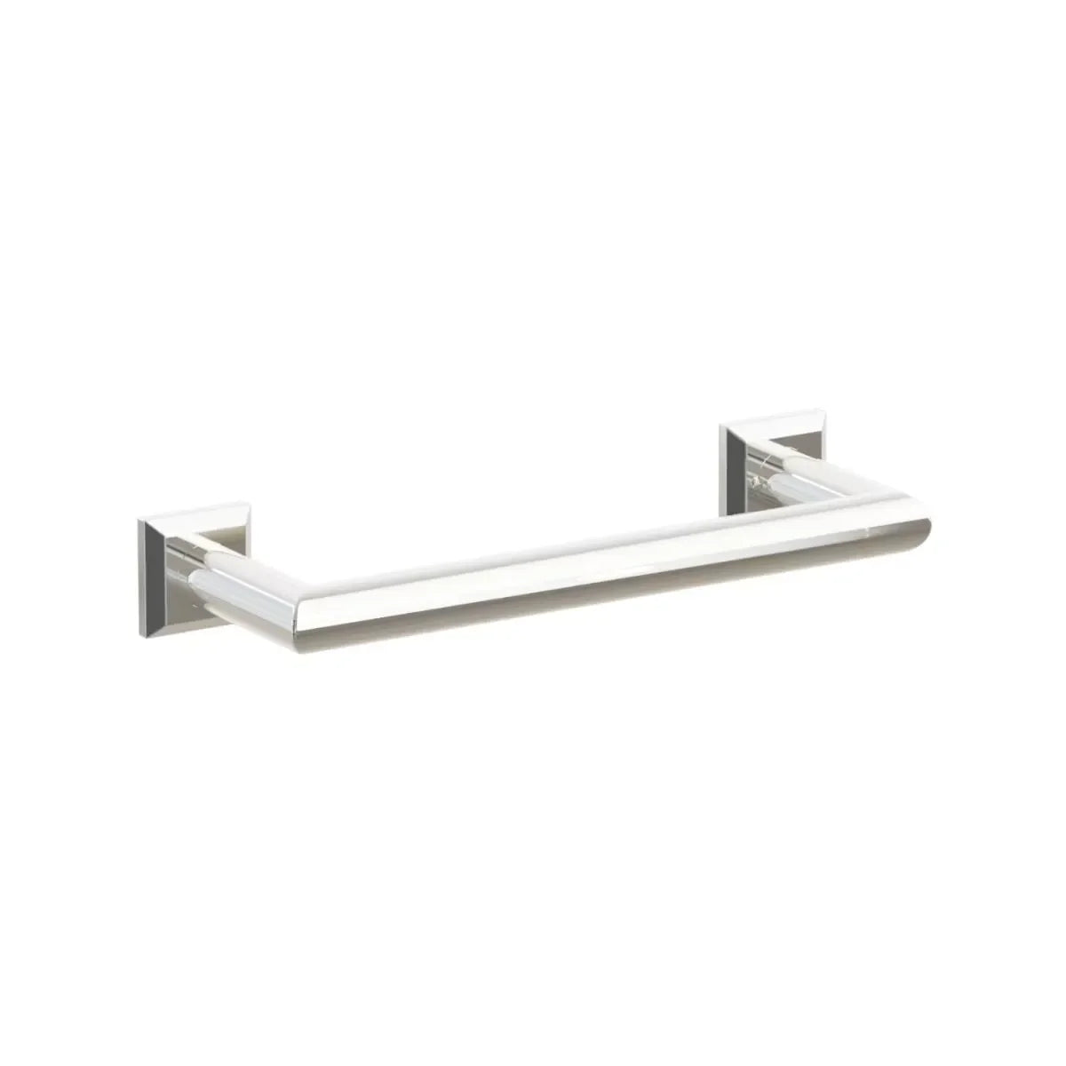 The Emtek Modern Tubular Towel Bar with Chamfered Square Rosette in Lifetime Polished Nickel finish.