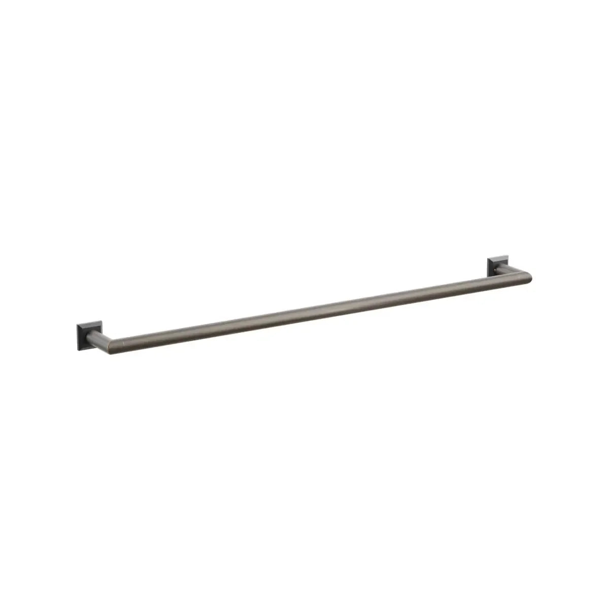 The Emtek Modern Tubular Towel Bar with Chamfered Square Rosette in Oil Rubbed Bronze finish.