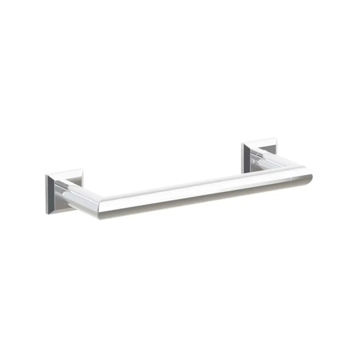 The Emtek Modern Tubular Towel Bar with Chamfered Square Rosette in Polished Chrome finish.