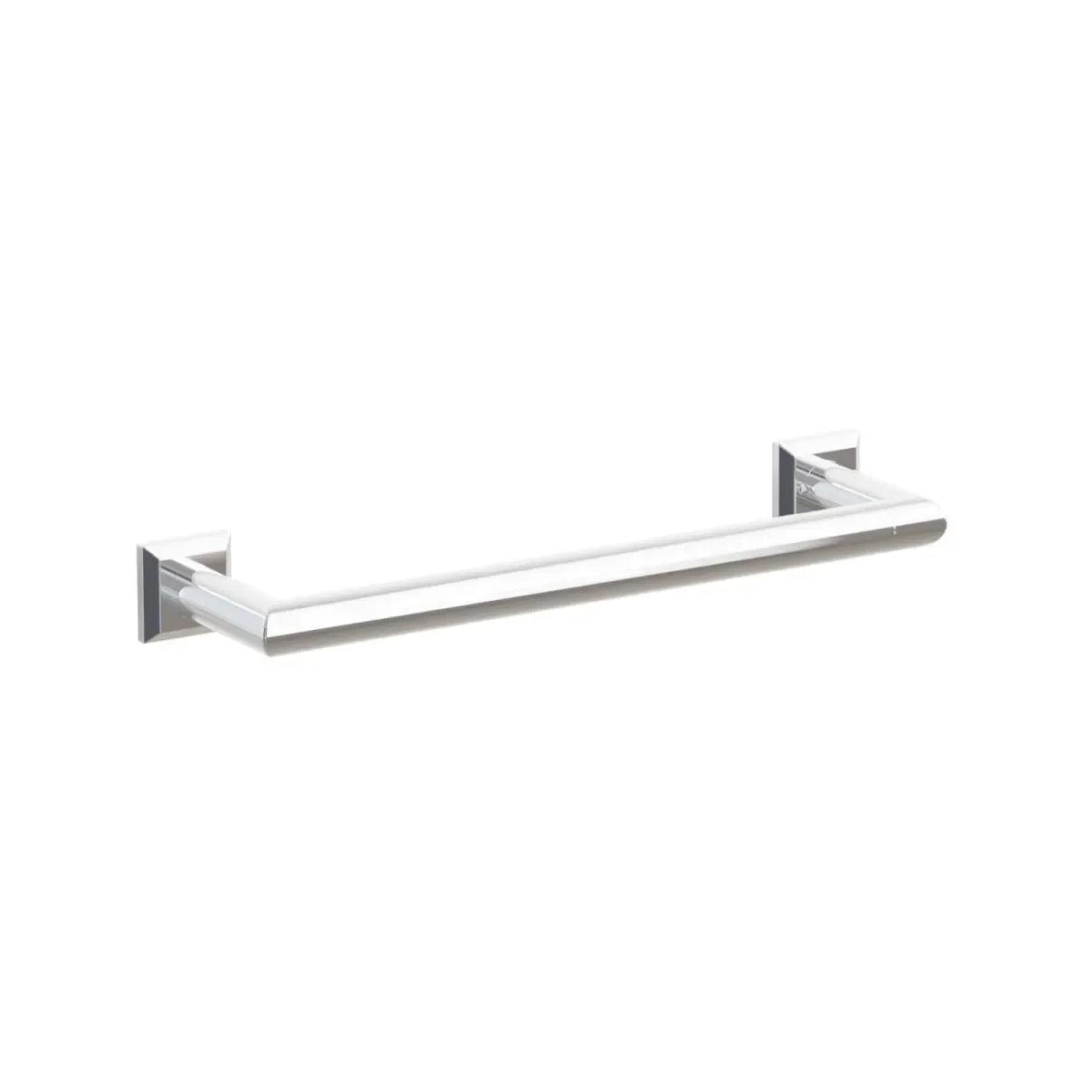 The Emtek Modern Tubular Towel Bar with Chamfered Square Rosette in Polished Chrome finish.