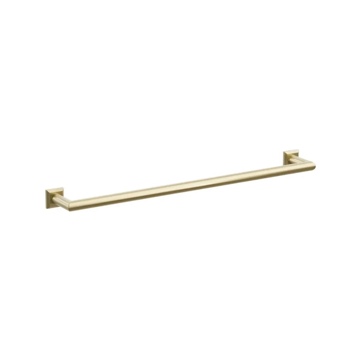 The Emtek Modern Tubular Towel Bar with Chamfered Square Rosette in Satin Brass finish.