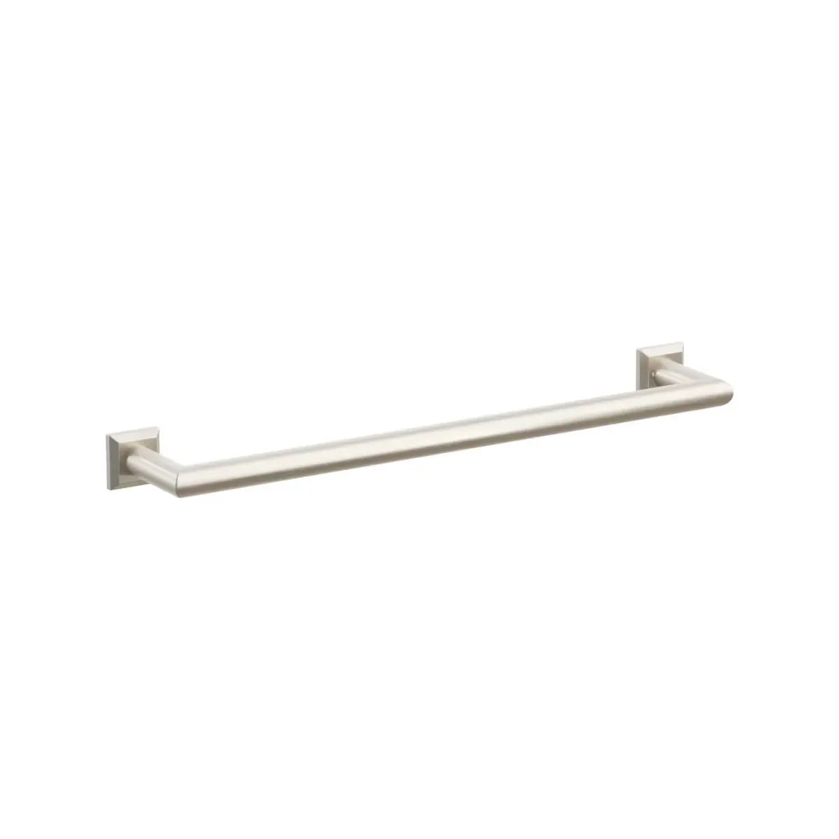 The Emtek Modern Tubular Towel Bar with Chamfered Square Rosette in Satin Nickel finish.