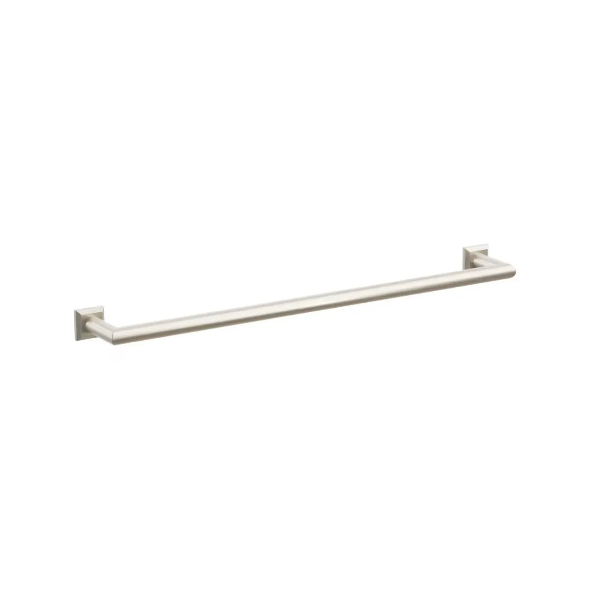 The Emtek Modern Tubular Towel Bar with Chamfered Square Rosette in Satin Nickel finish.