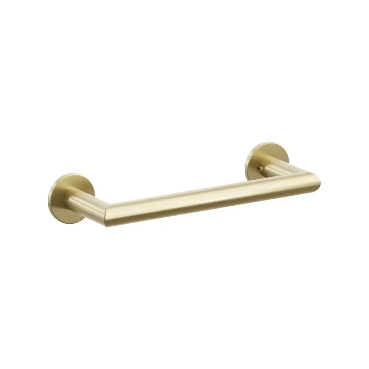 The Emtek Modern Tubular Towel Bar with Small Disc Rosette in Satin Brass finish.