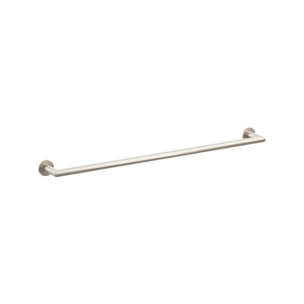 The Emtek Modern Tubular Towel Bar with Small Disc Rosette in Satin Nickel finish.