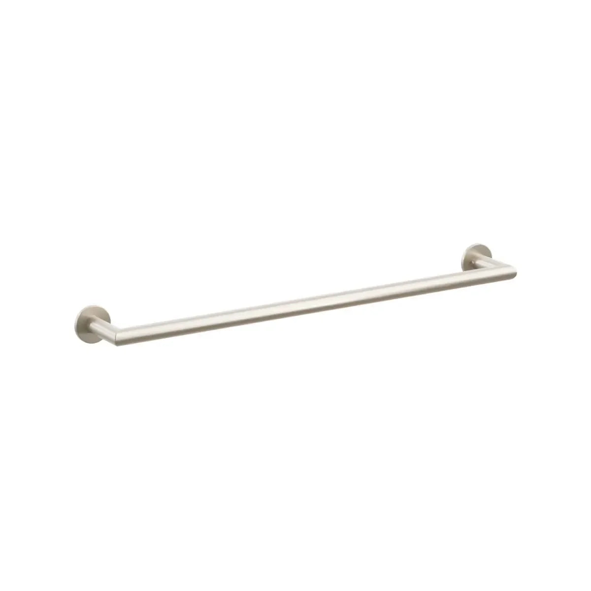 The Emtek Modern Tubular Towel Bar with Small Disc Rosette in Satin Nickel finish.