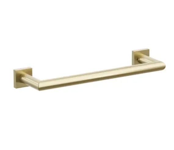 The Emtek Modern Tubular Towel Bar with Modern Small Square Rosette in Satin Brass finish.