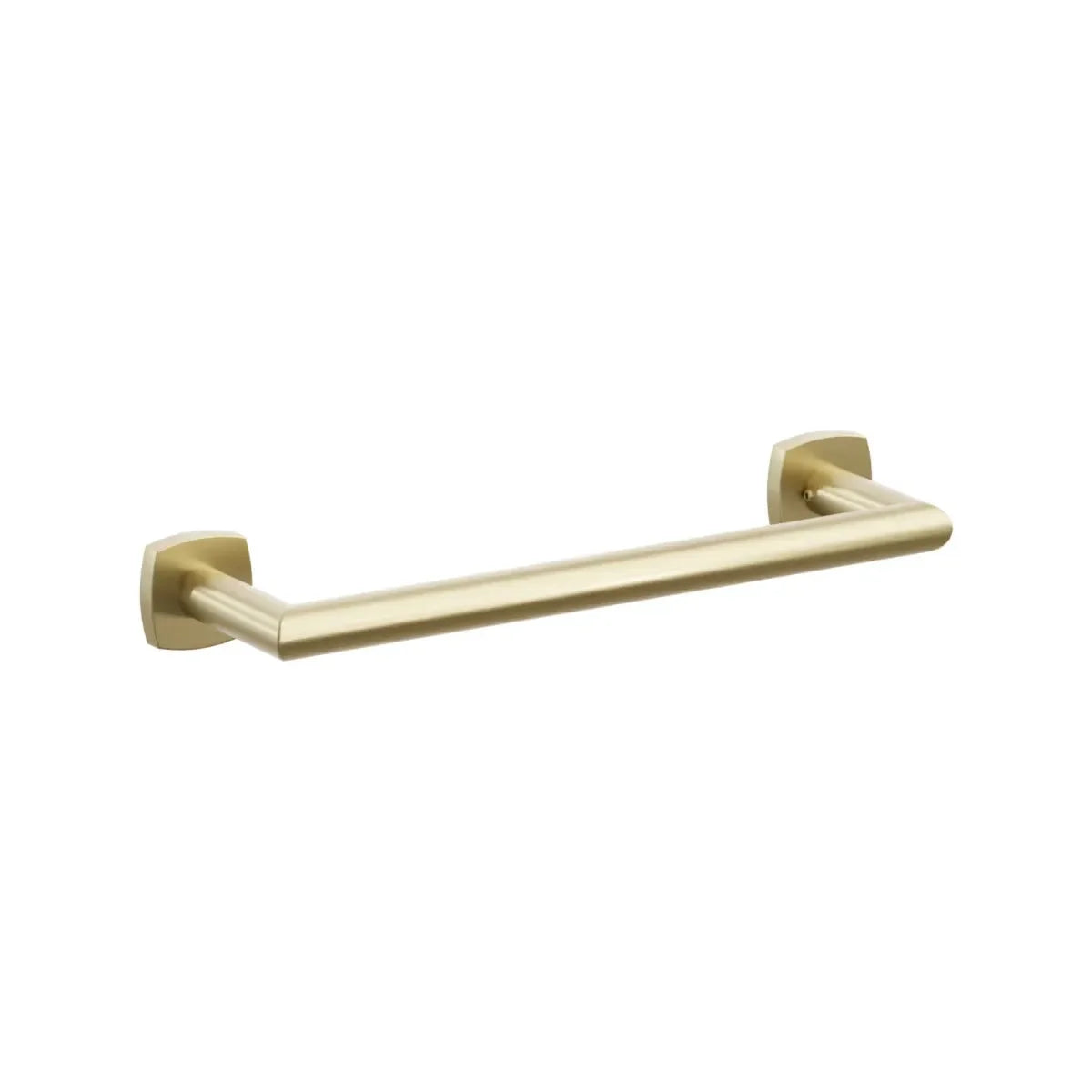 The Emtek Modern Tubular Towel Bar with Soft Square Rosette in Satin Brass finish.